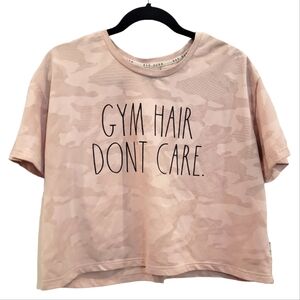 Rae Dunn Boxy Crop Top "Gym Hair Don't Care" Pink Camo Keyhole Women's Large